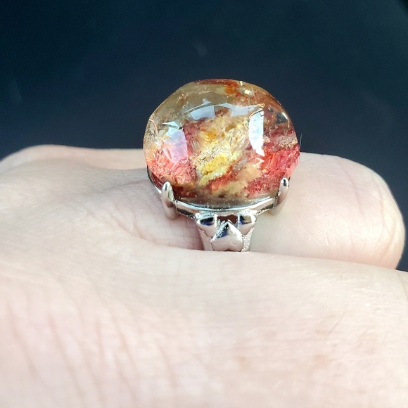New Red Yellow Phantom Quartz Lodolite Adjustable 925 Silver Ring. - Picture 11 of 16